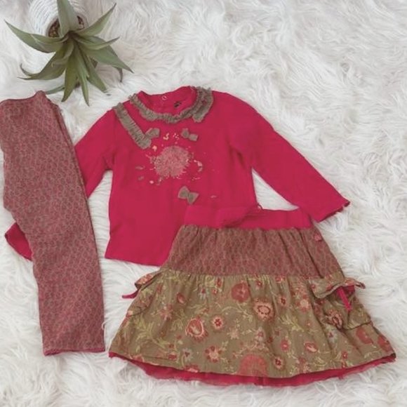 Jean Bourget 3pc Skirt Top Leggings Set Size 3 Tulle Shabby Flowers Embellished - Picture 1 of 2